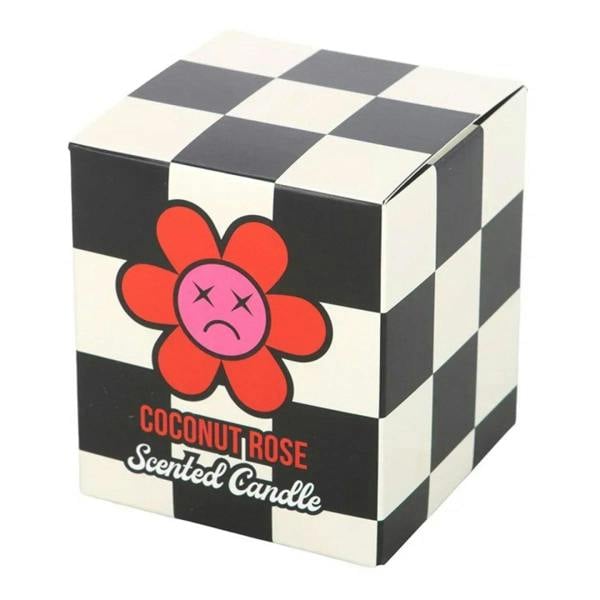 Checkered black-and-white candle gift box with red flower face and “Coconut Rose” text