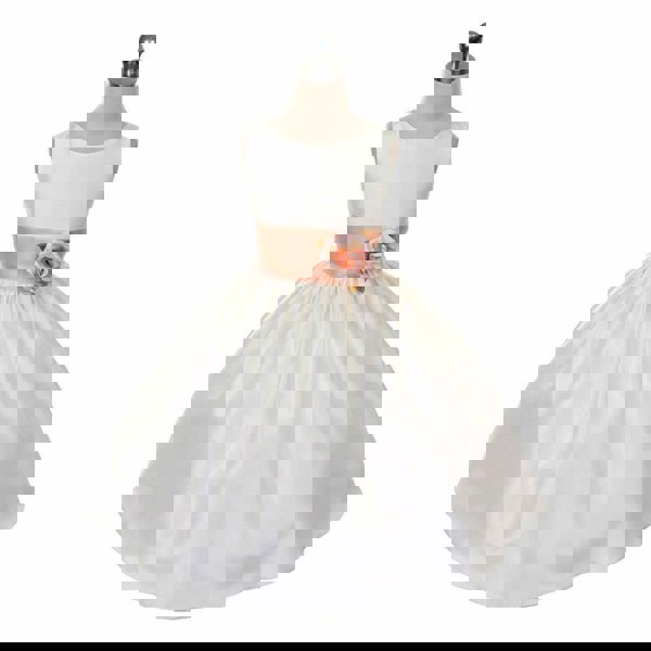 Morgan dress in white with apricot sash on mannequin