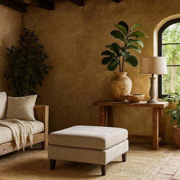 Wyld Haus Waterbury Upholstered Taupe Ottoman Accent Footstool Wooden Legs