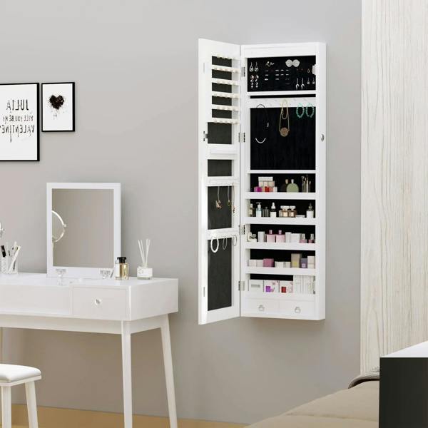 White jewelry cabinet with mirror door open, organized shelves and necklace hook panel.