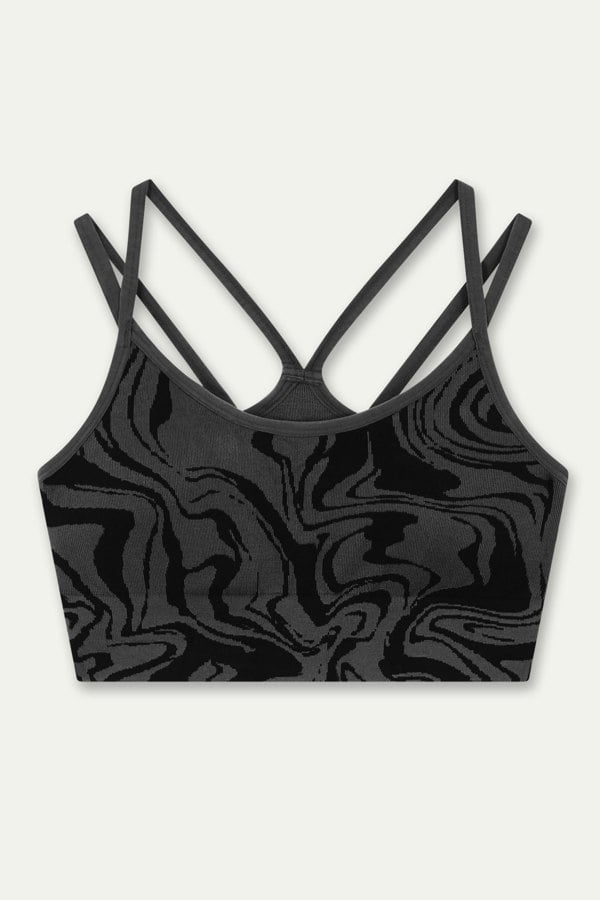 Black grey charcoal recycled seamless marble print low to medium impact supportive sports bra for yoga, pilates, spinning, weights, running and exercise.