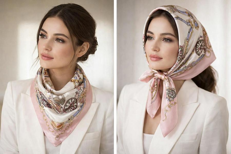 Anyyou Fashion Premium Satin Square Scarf – White Pink 562 Silk-Feel Neckwrap for Women