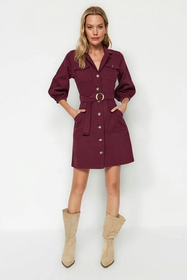 Belted Button Detail Long Sleeve Mini Shirt Dress