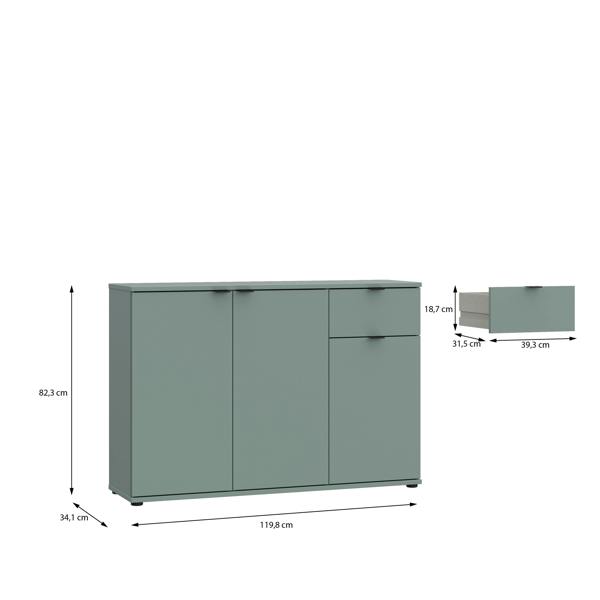 Furniture To Go Ganymede Wide 3 Door Cupboard with Drawer in Sage Green