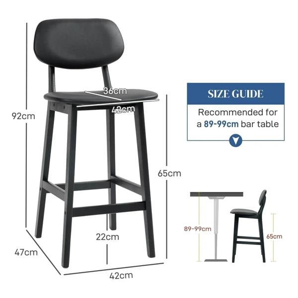 Bar stool dimensions view: black padded faux-leather seat with backrest and footrest