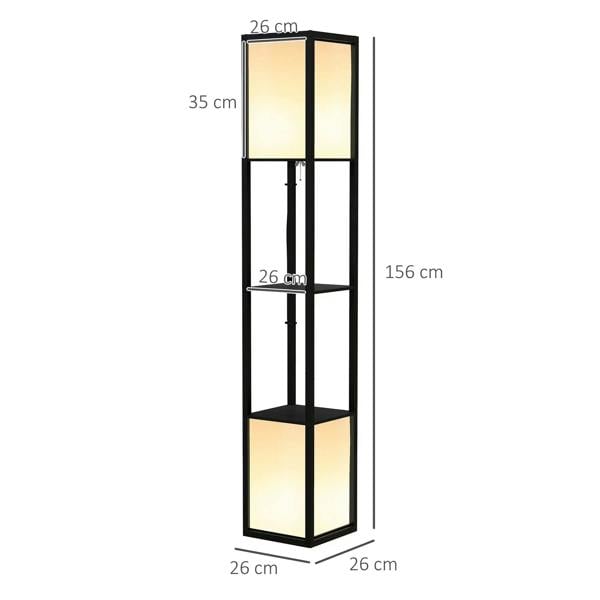 Black column floor lamp with two square shades and three open shelves, 156 cm