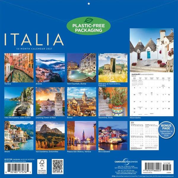 Italia Calendar 2027, Wall Calendars, Month To View, Travel, Gift