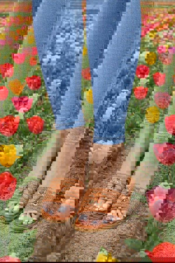 Trendy Trotters Women’s Tan Slider Sandals with Toggle Detail - Flat Summer Slip-On-Shoes