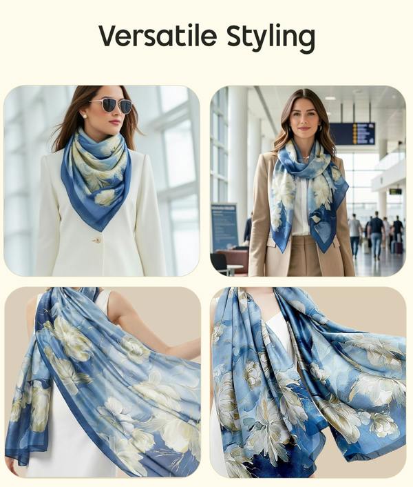 VIA MONTEN Women’s Faux Silk Scarf, Large Square Satin Scarf Wrap with Floral Print for Daily Styling