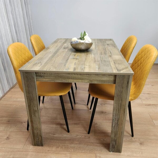 Kosy Koala Dining Table and 4 Chairs Rustic Effect Table with 4 Mustard Gem Patterned Chairs