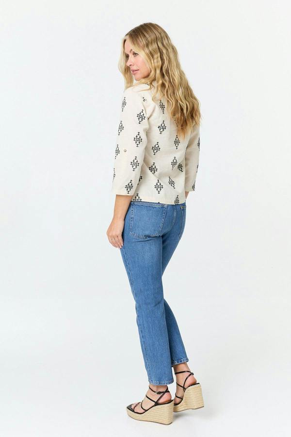 White | Printed 3/4 Sleeve Relaxed Cropped Shirt