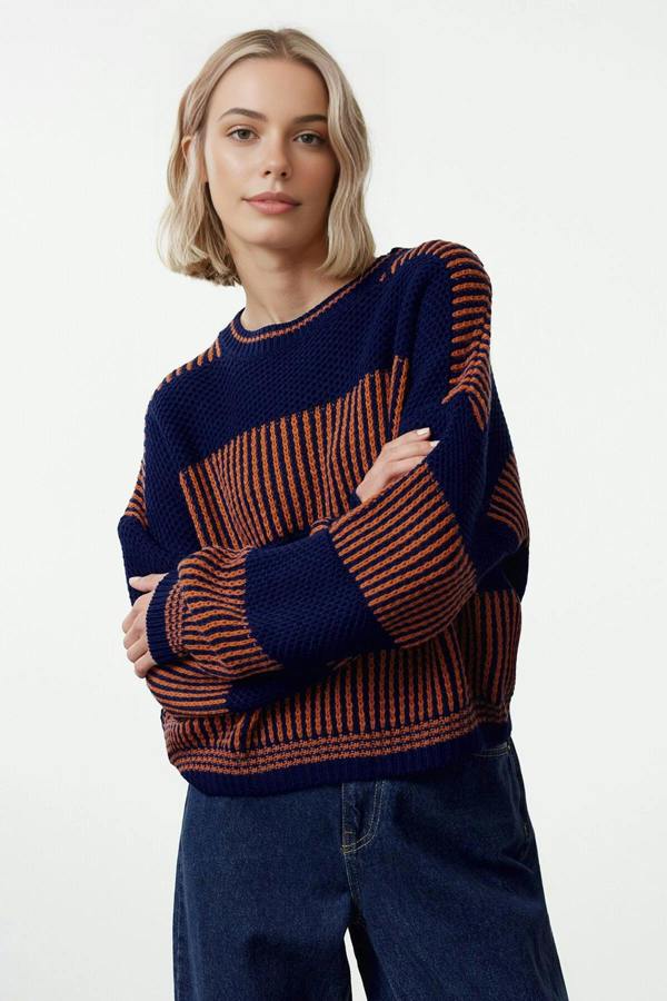 WOVCOR Wide Cut Striped Knit Sweater