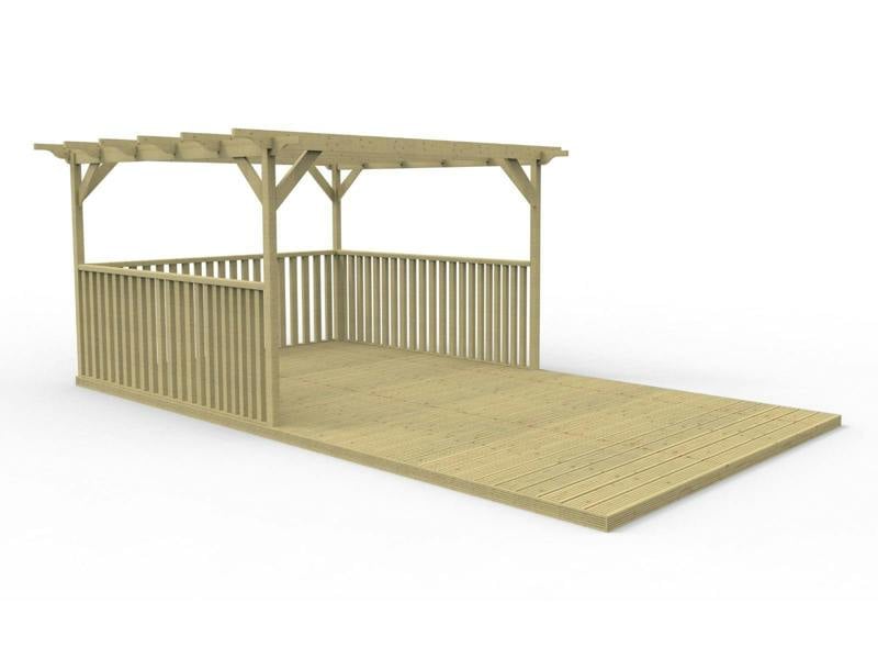 Rectangular pergola and decking kit with balustrade, made from pressure treated timber and high quality pergola posts, featuring a raised wooden deck, vertical slatted balustrade, and an open pergola roof frame.