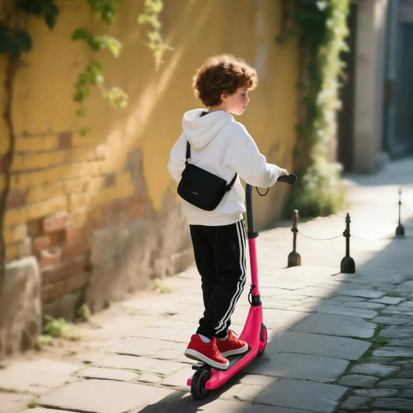 Pink electric scooter with black rear fender and small front wheel, rear side view