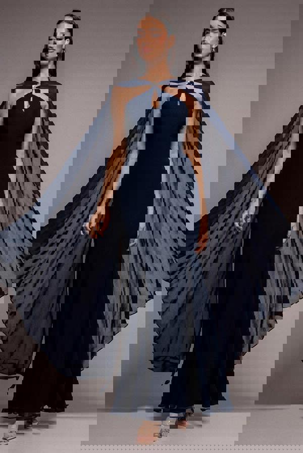 Multiway Cape Chiffon With Embellished Trim Maxi Dress - Navy Blue DR4924