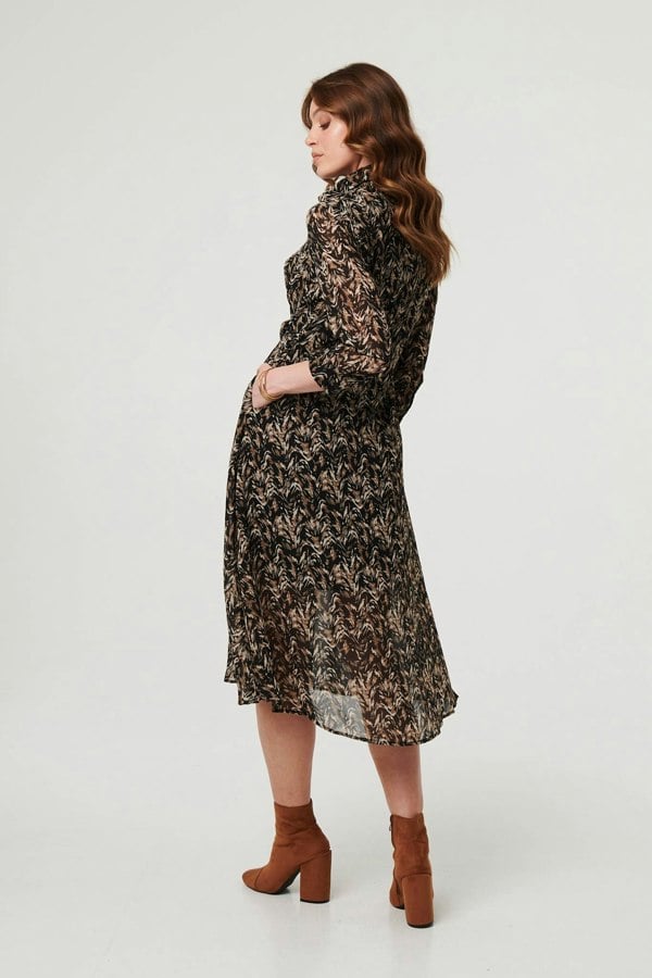 Black | Abstract Tie Waist Shirt Midi Dress
