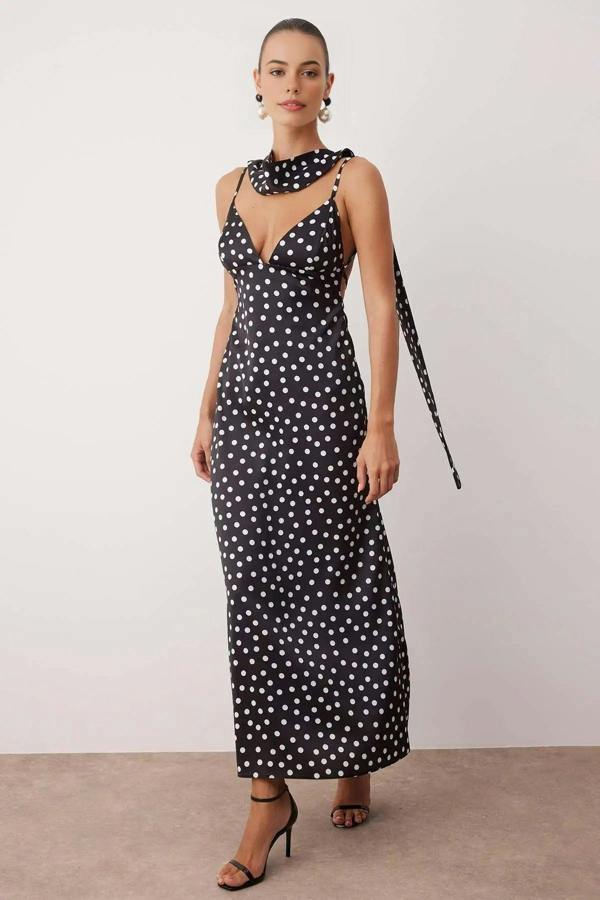 WOVCOR Scarf Detail Satin Maxi Dress with Strappy Design