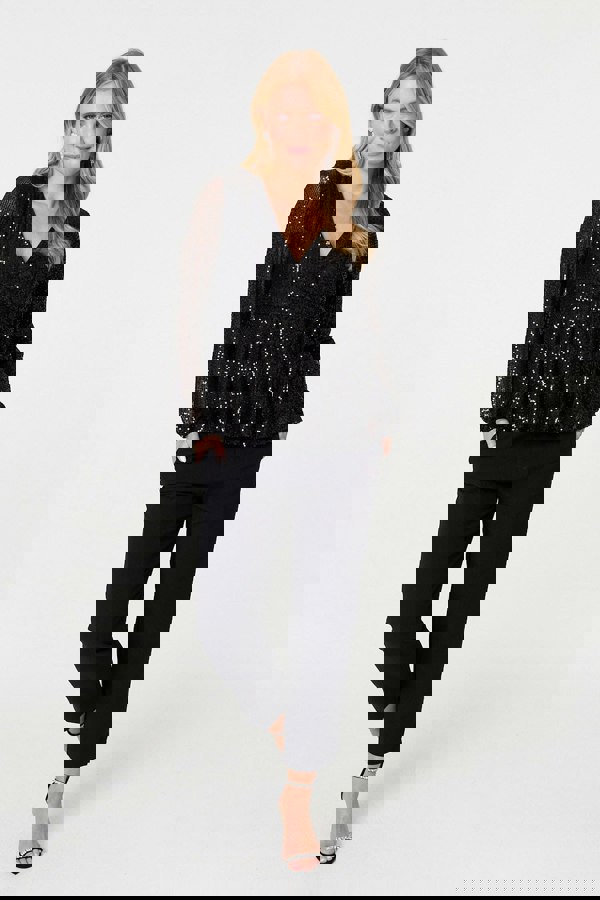 Black | Sequin Embellished Long Sleeve Peplum Top
