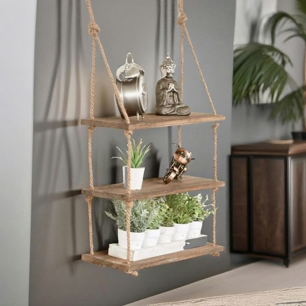 Rafaelo Mobilia 3 Tier Wooden Hanging Shelves With Rope Detail