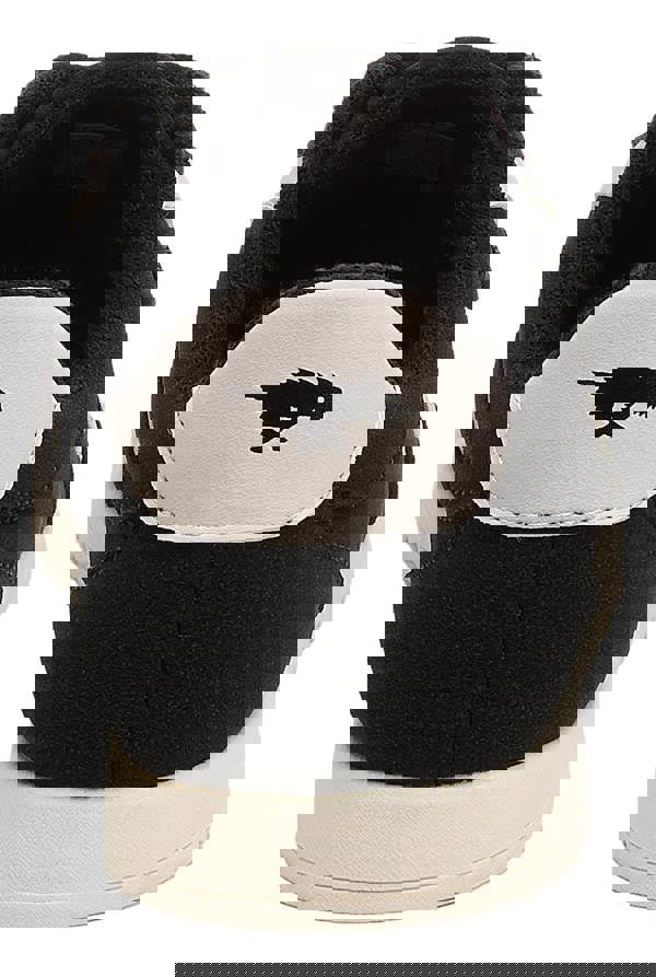 Rocket Dog Bolt Womens Casual Smart Lace Up Shoes Trainers, rear view of black and white sneaker featuring a black dinosaur logo on the heel tab.