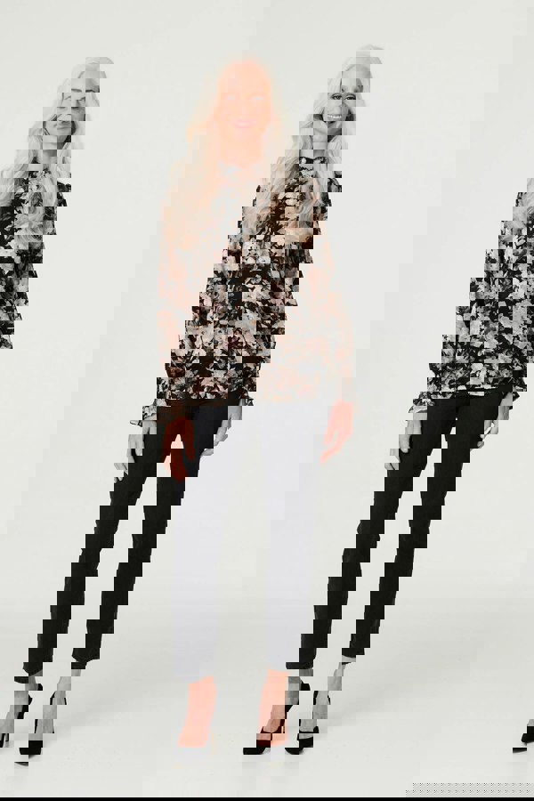 Black | Floral High Shirred Neck Blouse : Model is 5'8.5"/174 cm and wears UK8/EU36/US4/AUS8