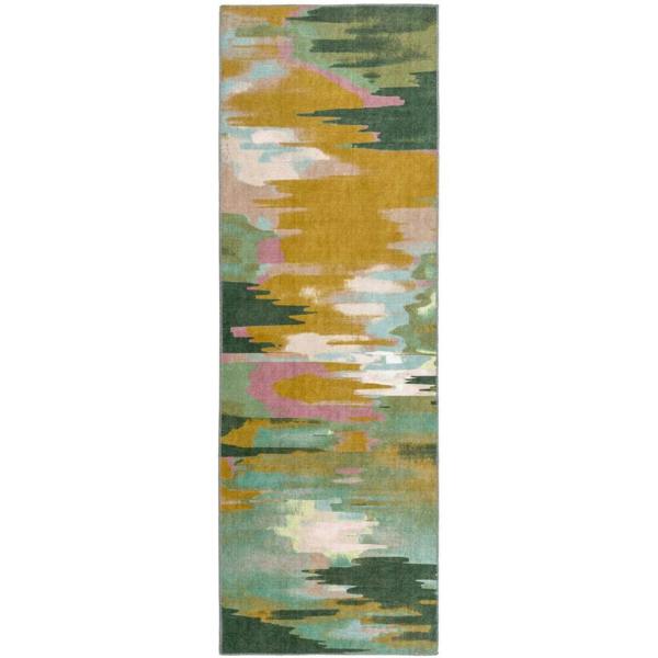 Colorful abstract patterned rug on a white background
