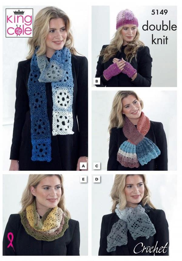 King Cole Curiosity DK Crochet Pattern 5149, Headwear, Scarves, Wrist Warmers for Women, One Size