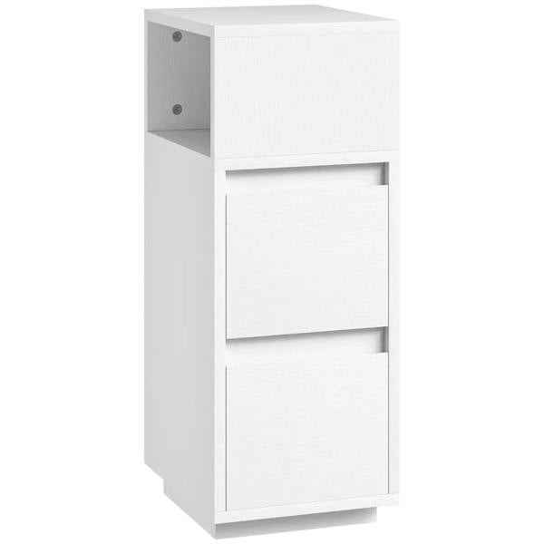 Slim white bedside cabinet with two drawers and side open shelf