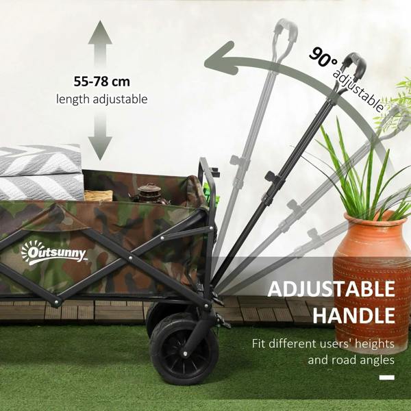 Folding garden trolley with camouflage fabric bed and adjustable-height handle, rolling wheel base