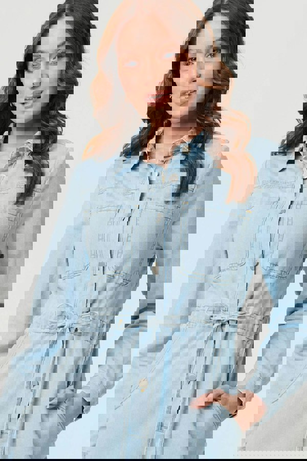 Blue | Denim Tie Waist Long Sleeve Midi Dress
