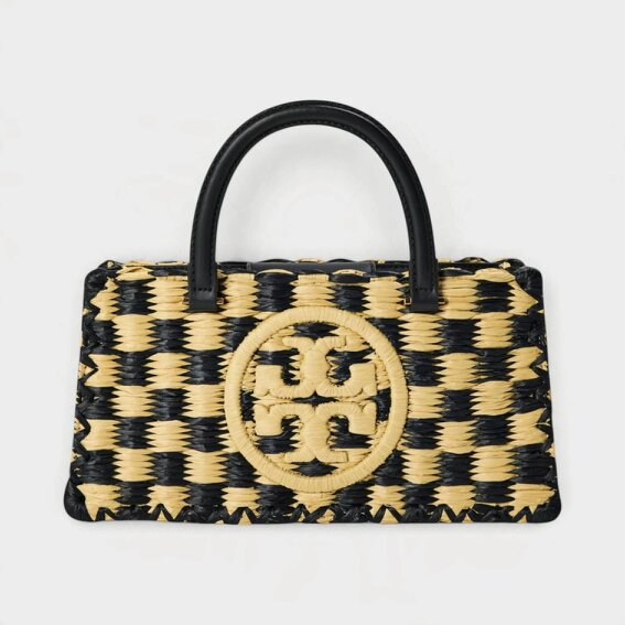 Tory Burch Ella Hand-Crotcheted Checkered Top Hand Bag Black Natural