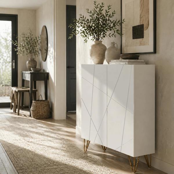Wyld Haus Monola Wooden White Slim Shoe Cabinet Modern Geometric Pattern For 15 To 20 Pairs