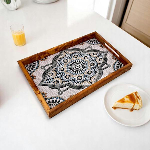 Olive Wood & Ceramic Serving Tray with Handles