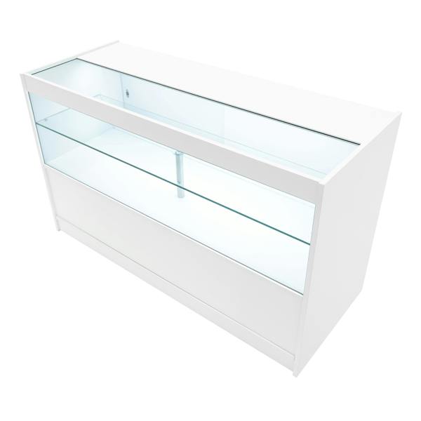 Vega LED shop counter set in white, featuring sleek glass shelves, a modern design, and a spacious display area for products