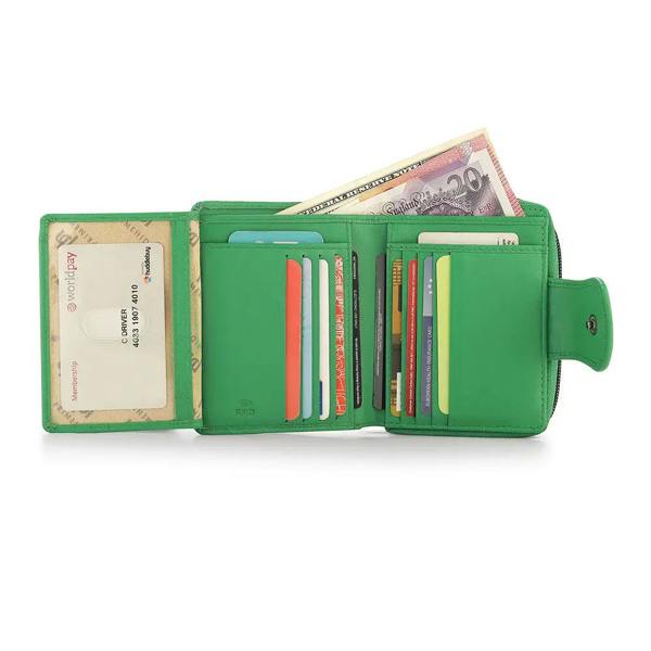 Green wallet with various cards and money on a white background