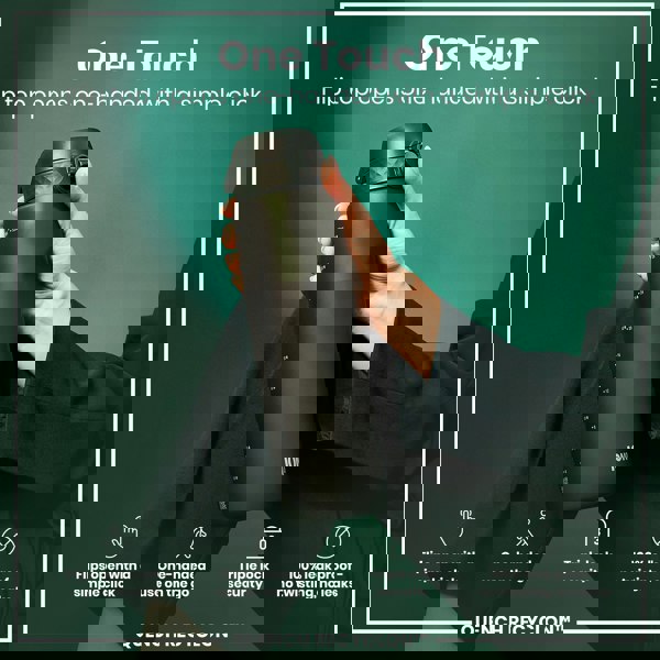 A dark-grey water bottle is held, its flip top is shown open. A person in dark clothing holds it against a dark-green background. "One Touch," "Flip top opens one-handed with a simple click," "Flips open with a simple click," "One-handed use on the go," "Triple lock security," "100% leak proof - no twisting, no leaks," and "QUENCH RECYCLON™" are visible.