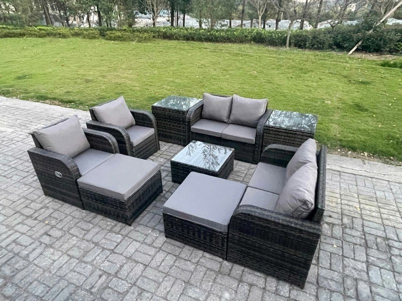 Fimous Garden Furniture Set Rattan Outdoor Lounge Sofa Chair With Tempered Glass Table 2 Big Footstool 2 Side Tables Dark Grey Mixed