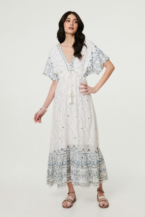 White | Embellished Border Print Maxi Dress
