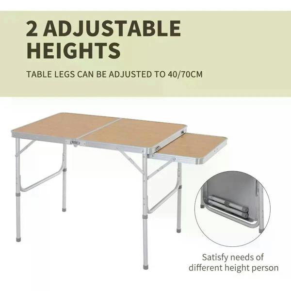 Folding picnic table with adjustable legs and bamboo-look two-level tabletop