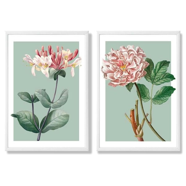 Sage Green Geometric Pineapple Fruit Set of 2 Art Prints with White Frame