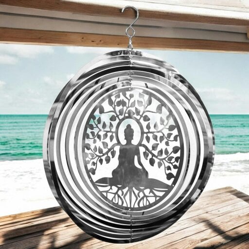 EDH Door Hardware Buddha Wind Spinner - Stainless Steel Hanging Garden Décor, Zen Outdoor Metal Art, Spiritual Yard Ornament, Kinetic Spinner
