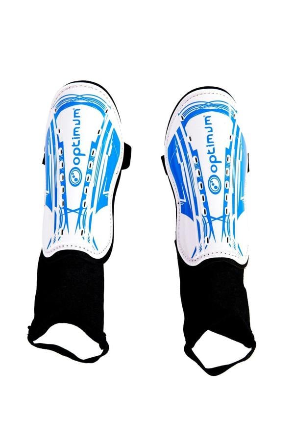 Pair of white and blue Optimum shin guards with black ankle socks, front view on white - Optimum
