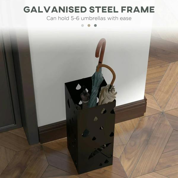Black steel umbrella stand beside an entryway, with umbrellas stored upright