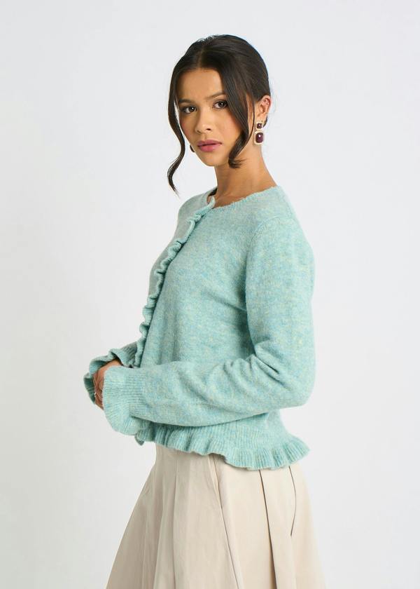 Gini London Green Long Sleeve Ruffle Front Cardigan