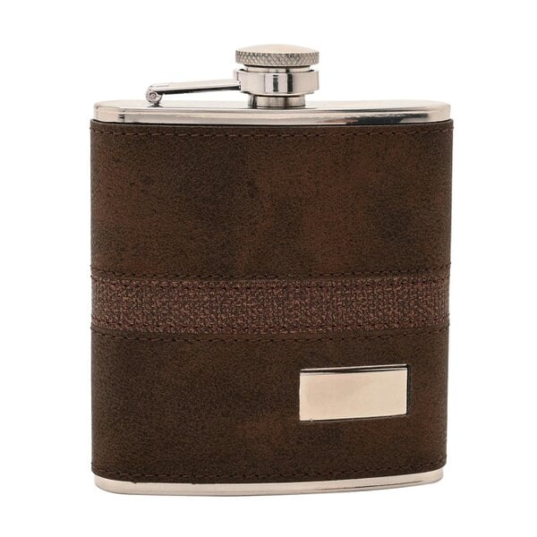 Harvey Makin 6oz Dark Brown PU Wrapped Stainless Steel Flask Set with Funnel