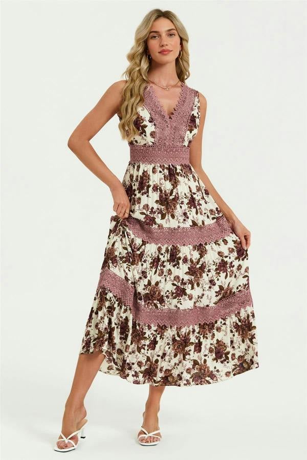 FS Collection Floral Print Lace Detail Maxi Dress In Off White