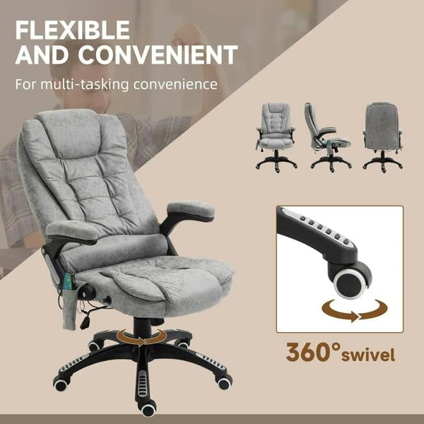 Grey massage recliner chair with 360° swivel, padded armrest, and footrest
