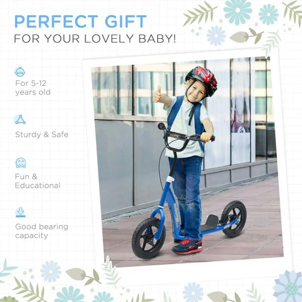 Blue kids kick scooter with child rider wearing helmet and black kick deck