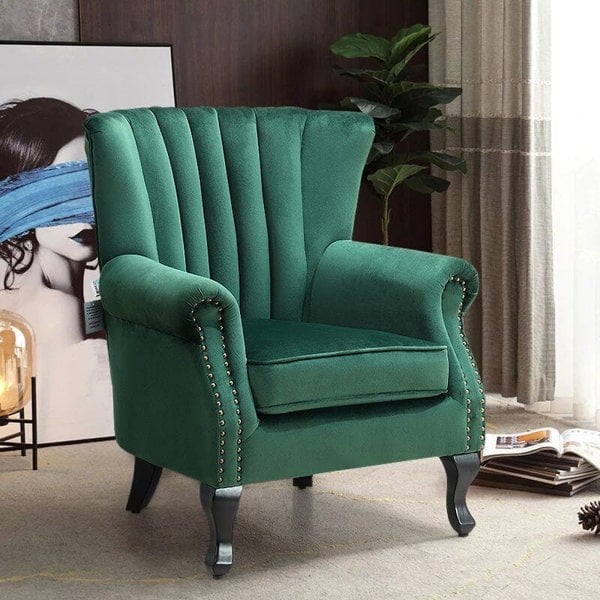 Green Velvet Upholstered Wingback Chair Thick Padded Armchair Wingback Chairs Living and Home
