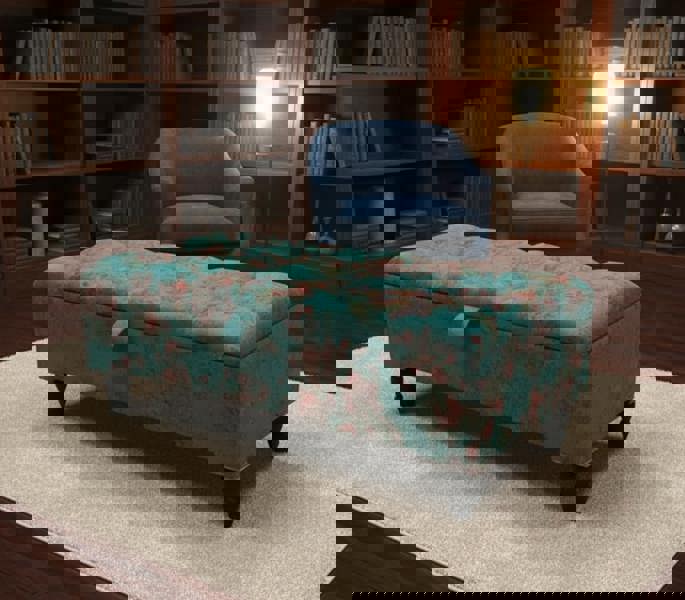 ISTOOLS Premium Teal Blue Floral Chenille Footstool – Luxury Comfort UK